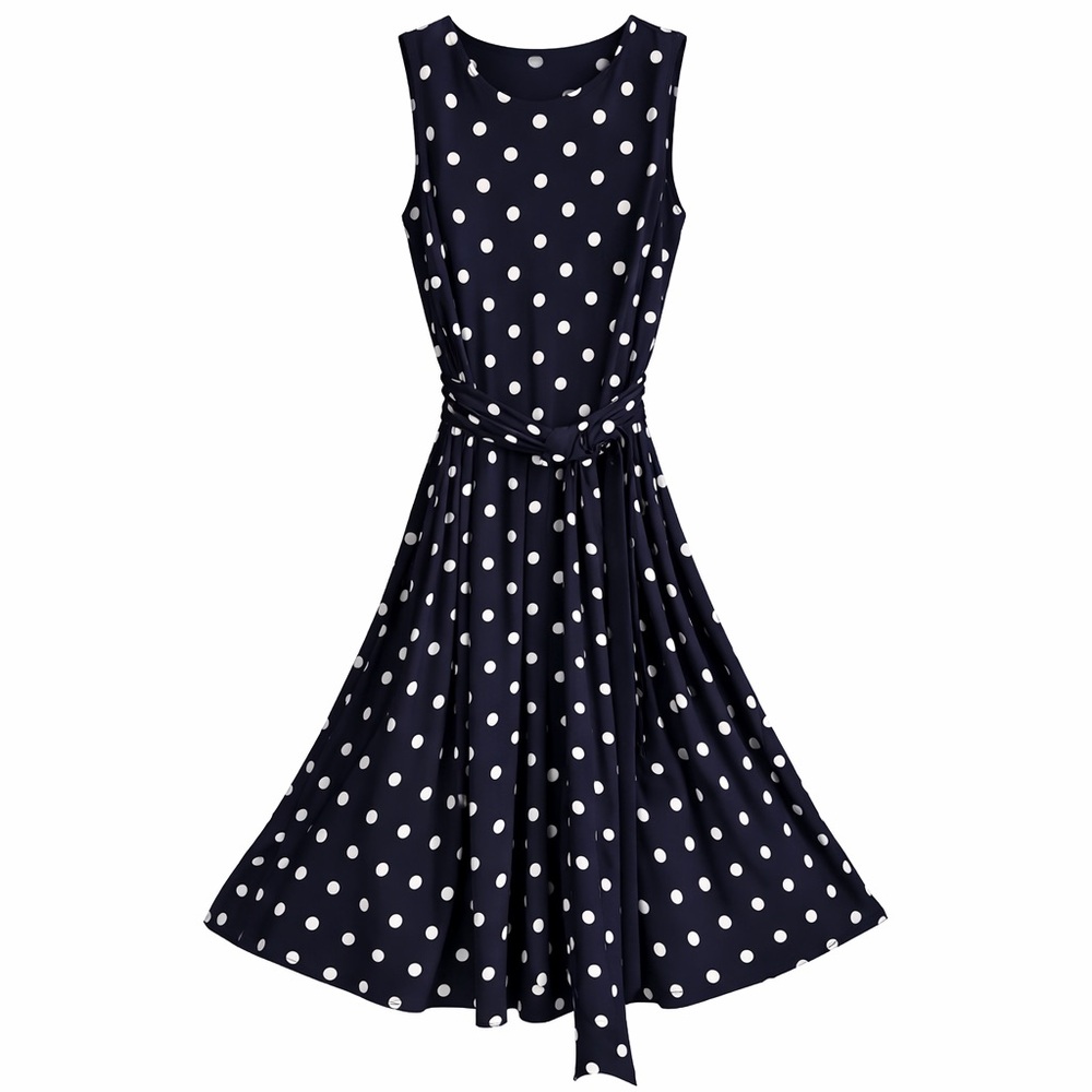 Classic Navy Polka Dot Sleeveless Midi Dress